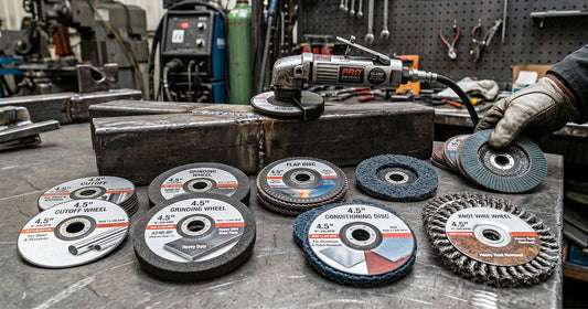 A variety of 4.5-inch angle grinder discs, including flap and knot wire wheels, arranged with a grinder on a bench.