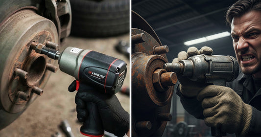 Comparison shot: A Le Lematec impact wrench removing a lug nut on a vehicle wheel versus a technician struggling by hand.