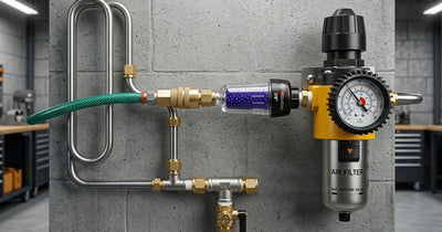 Professional air filtration and pressure regulation system components arranged on a workshop workbench.