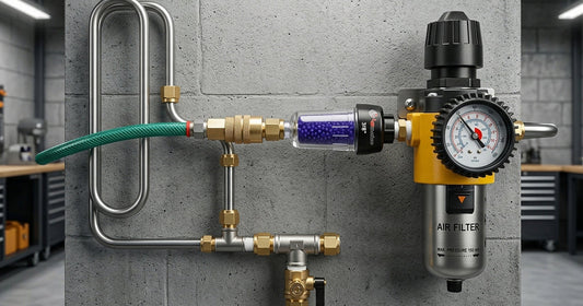 Professional air filtration and pressure regulation system components arranged on a workshop workbench.