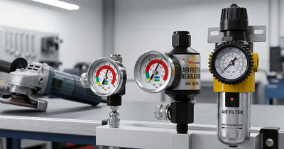 Professional wall-mounted air filter and regulator system installed on a workshop wall with pneumatic piping.