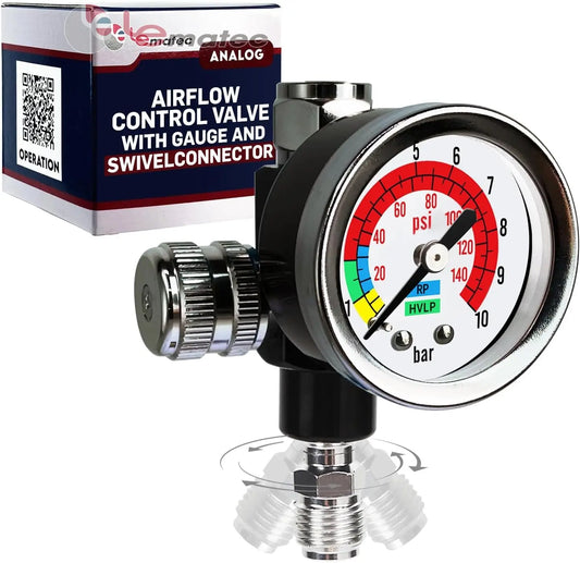 LE LEMATEC Spray Gun Regulator Valve Tool, 1/4 NPT Air Pressure Regulator (AR-08) with gauge and airflow control.