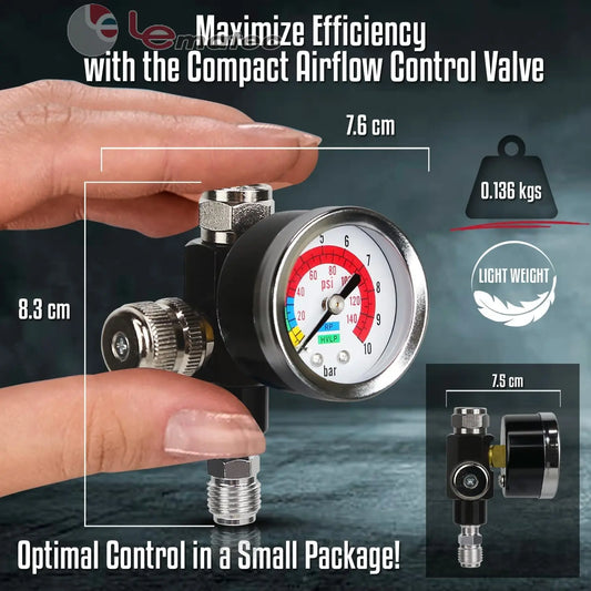 LE LEMATEC Spray Gun Regulator Valve Tool, 1/4 NPT Air Pressure Regulator (AR-08) with gauge and dimensions displayed.