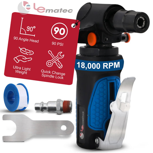 Professional Air Angle Die Grinder - 18,000 RPM with Spindle Lock-Out (LE-G1343L) features ultra-light design and 90-degree head.