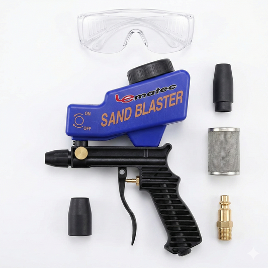 Handheld Sandblaster for Etching & Rust | LE LEMATEC Portable with accessories including goggles and nozzles.