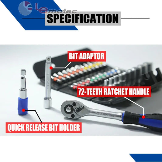 LE-RF237 37PCS 1/4" Drive Socket & Bit Set – Complete Kit specification with bit adaptor, quick release bit holder, ratchet handle.