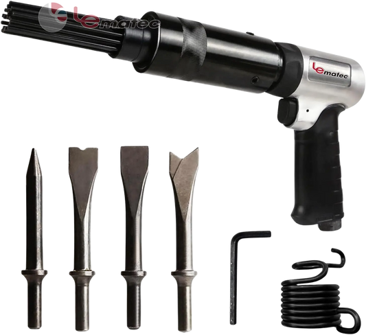 Professional air needle scaler with chisel kit and 19 needles, efficient rust remover tool.