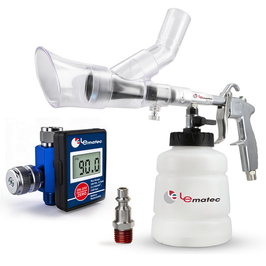 Lematec WT-0100SB detailing gun extractor and DAR01B digital regulator — professional pneumatic cleaning tool set