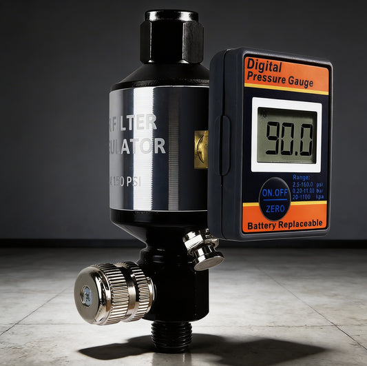 Professional 2-in-1 Air Filter System - 160 PSI Digital Regulator with Water Separator (AI303-R2) shown with digital gauge.