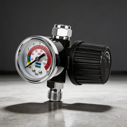 Professional Air Pressure Regulator with Gauge - Heavy Duty 140 PSI Compressor Control (AR-02) with analog gauge and adjustable control knob.