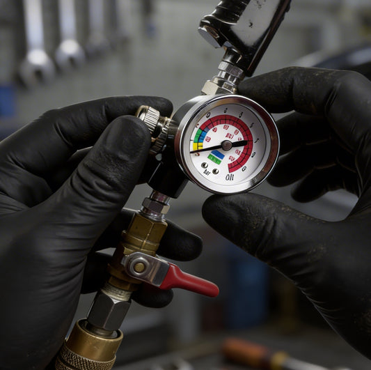 LE LEMATEC Spray Gun Regulator Valve Tool, 1/4 NPT Air Pressure Regulator (AR-08) with gauge and dimensions displayed.