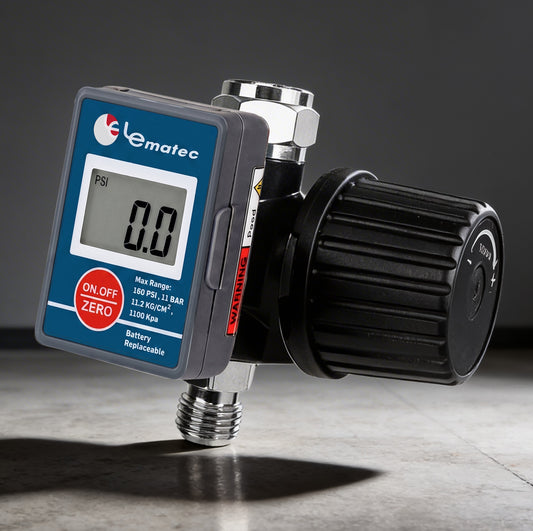 Le Lematec DAR02B digital air pressure regulator with LCD readout and diaphragm control knob, 160 PSI max range