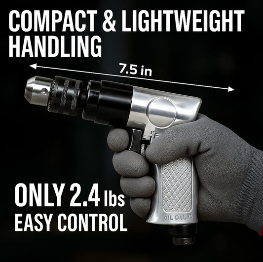 LE-D130 pneumatic drill held in gloved hand showing compact 7.5 inch length at only 2.4 lbs