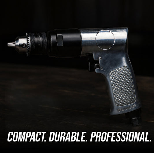 Le Lematec LE-D130 3/8 inch reversible air drill side profile with keyed chuck and textured grip