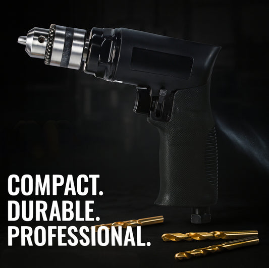 Le Lematec LE-G213P 3/8-inch reversible air drill with titanium drill bits on dark background