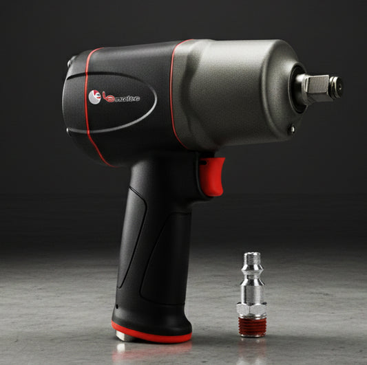 Professional 1/2" high torque air impact wrench with accessories for automotive and industrial use.