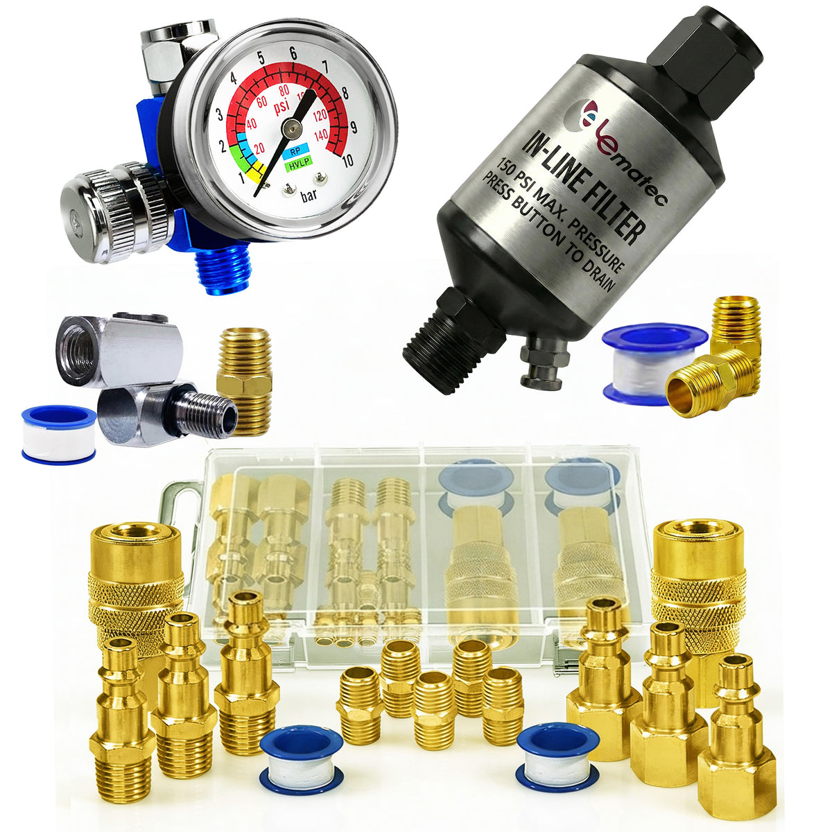 Lematec 15-piece fitting kit AI-112 swivel and AI303-C1 water separator — essential air compressor hookup accessories