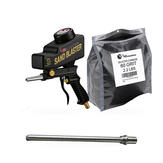 Black sandblaster complete kit: LE LEMATEC AS118 gravity-feed sandblaster, 16.5 cm long nozzle and 60 grit silicon carbide media