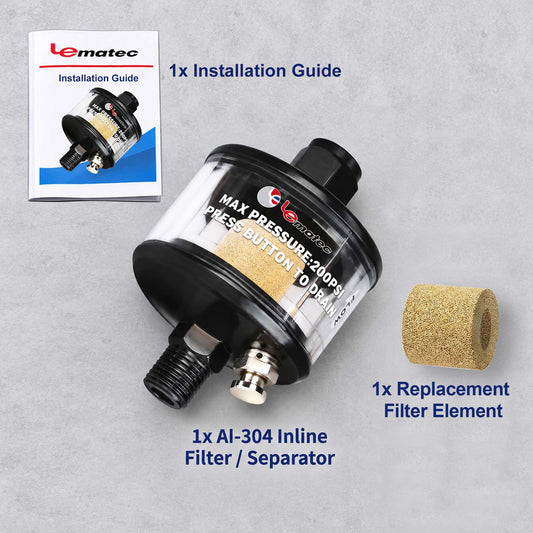 1/4" NPT Inline Air Filter & Water Separator - Ultra-Slim 200 PSI Compact Air Dryer (AI-304)