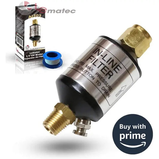 1/4" NPT Air Compressor Water Separator - 150 PSI Professional Filter System (AI303-C1) with inline filter and moisture removal.