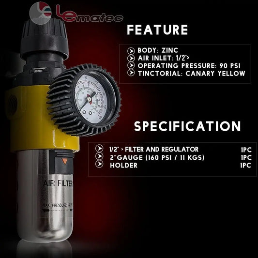 1/2" NPT Air Compressor Filter Regulator Combo - 160 PSI Heavy-Duty System (AS209) with zinc construction and dial gauge.