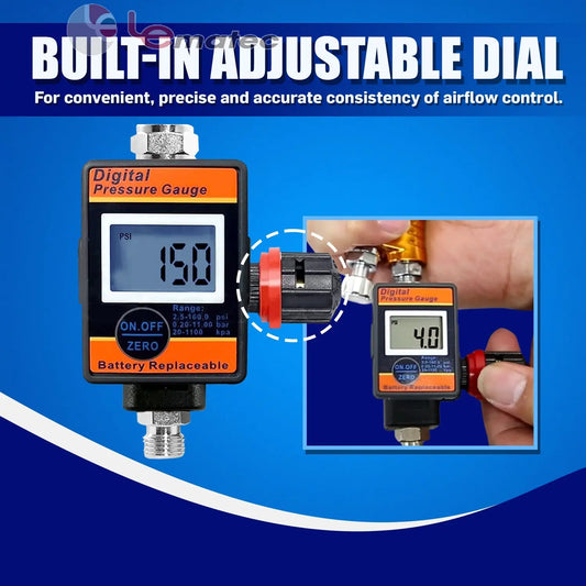 Digital Air Pressure Regulator with LCD Display - Professional 150 PSI Multi-Unit Control (DAR03B) showing adjustable dial