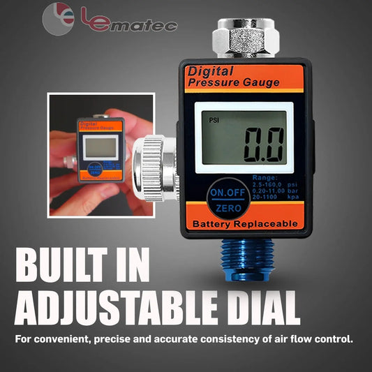 Professional Digital Air Pressure Regulator - Multi-Unit LCD Display with 160 PSI Range (DAR01B) showcasing adjustable dial and digital gauge.