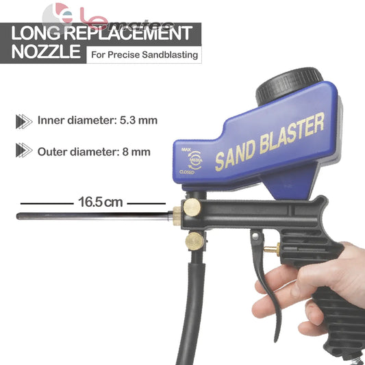 Professional Long Nozzle Attachment - 16.5cm Steel & Aluminum for Precision Blasting with sand blaster in hand.