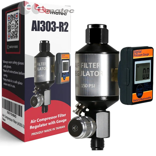 Professional 2-in-1 Air Filter System - 160 PSI Digital Regulator with Water Separator (AI303-R2) shown with digital gauge.