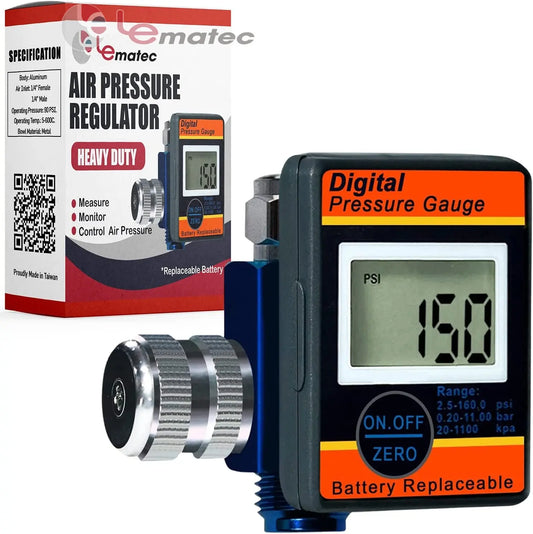 Professional Digital Air Pressure Regulator - Multi-Unit LCD Display with 160 PSI Range (DAR01B) gauge showing 150 PSI.