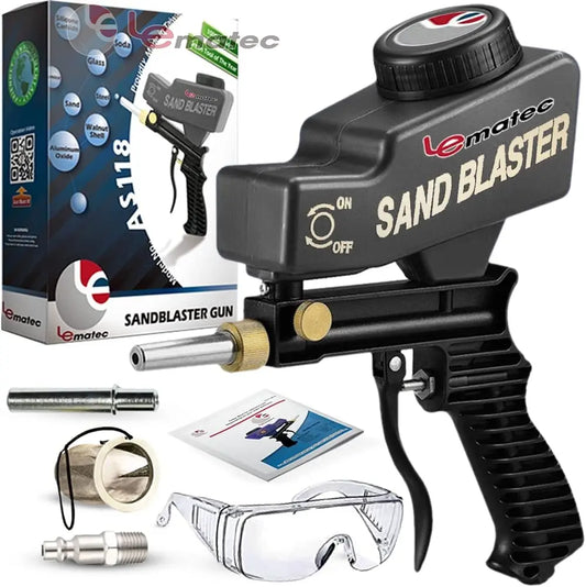 Professional Sandblaster Kit - 150 PSI Multi-Media with Control Valve, LE LEMATEC AS118 handheld sandblaster gun with accessories.