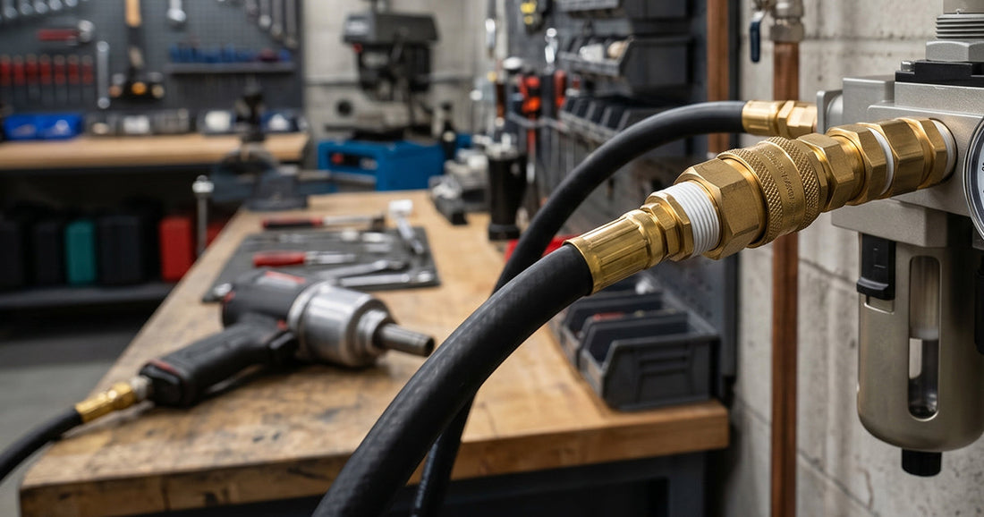 Close-up of professional pneumatic air compressor hose fittings and brass connectors on a workshop workbench.