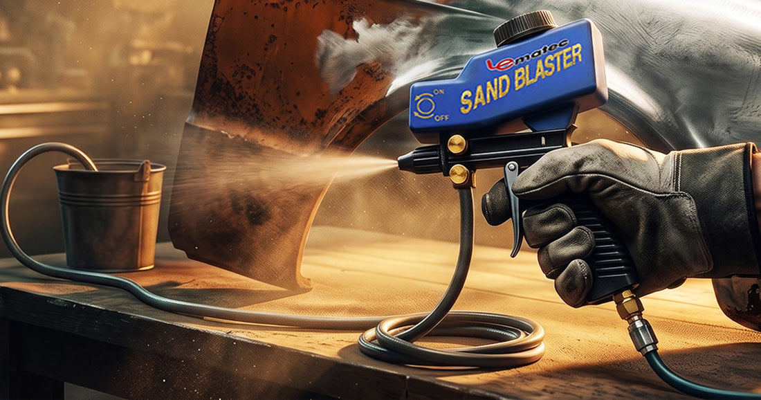 Handheld sandblaster gun spraying rust off a metal car body panel with a person wearing safety gear in background.
