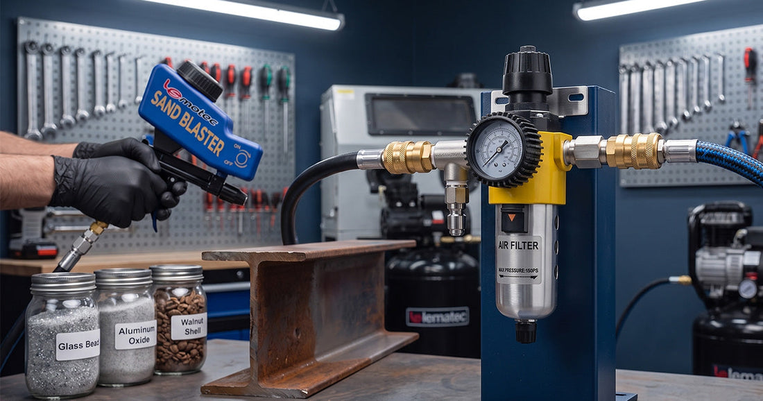 Lematec air filter regulator unit next to sandblaster and abrasive media jars on workbench in a professional garage shop.