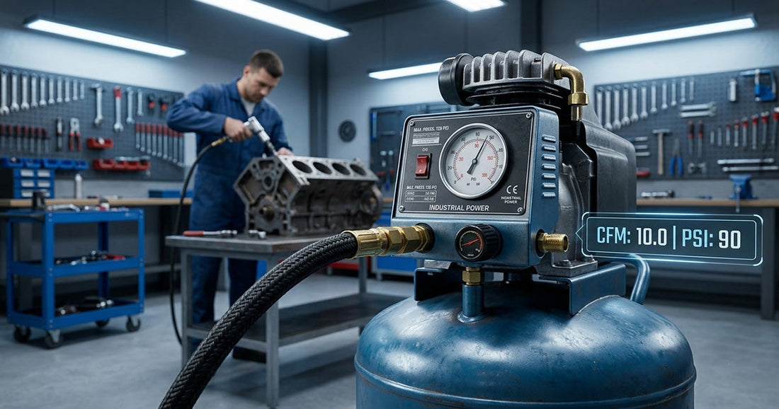 Mechanic using an air tool on an engine block next to a blue industrial air compressor with CFM and PSI display.