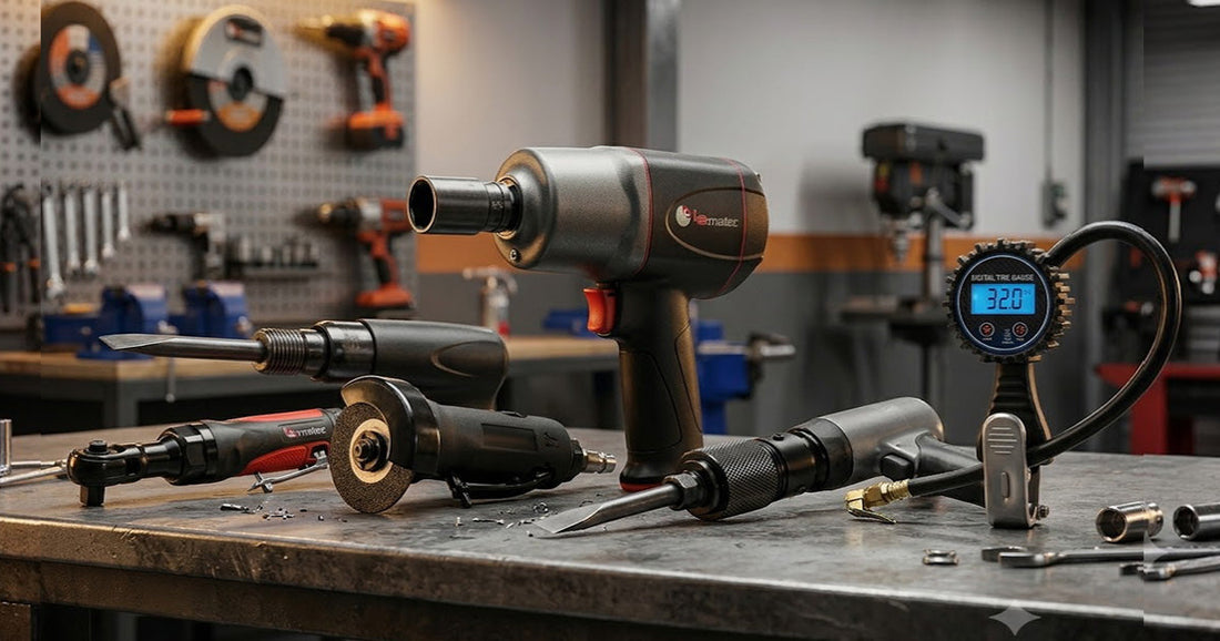 Professional pneumatic tool kit on metal workbench including impact wrench, air grinder, and digital pressure gauge tool.