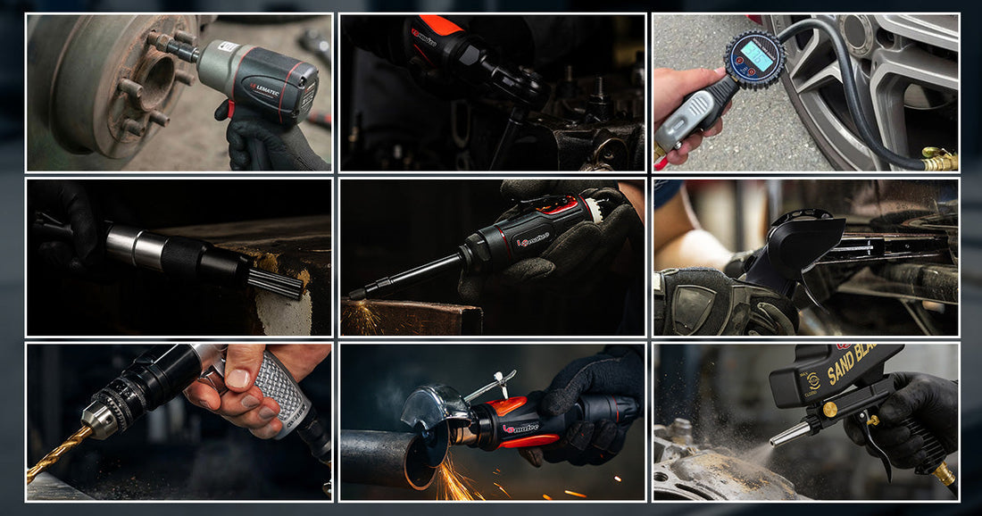 Collage featuring nine different pneumatic tools, including impact wrenches, grinders, and sandblasters in action.