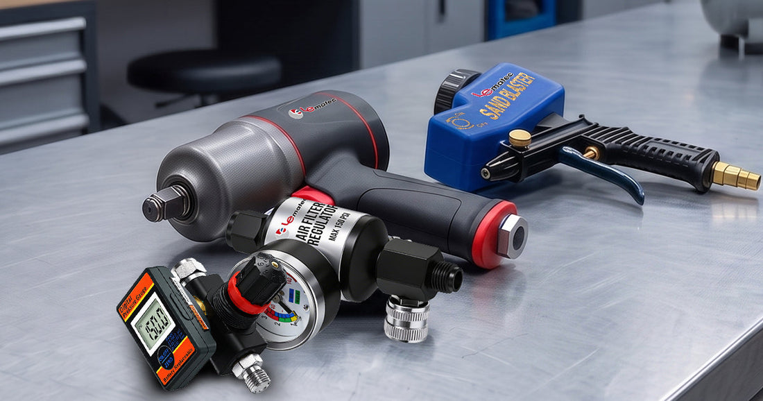 Lematec air compressor tools, impact wrench, sandblaster, and digital air regulator on a professional workshop workbench.