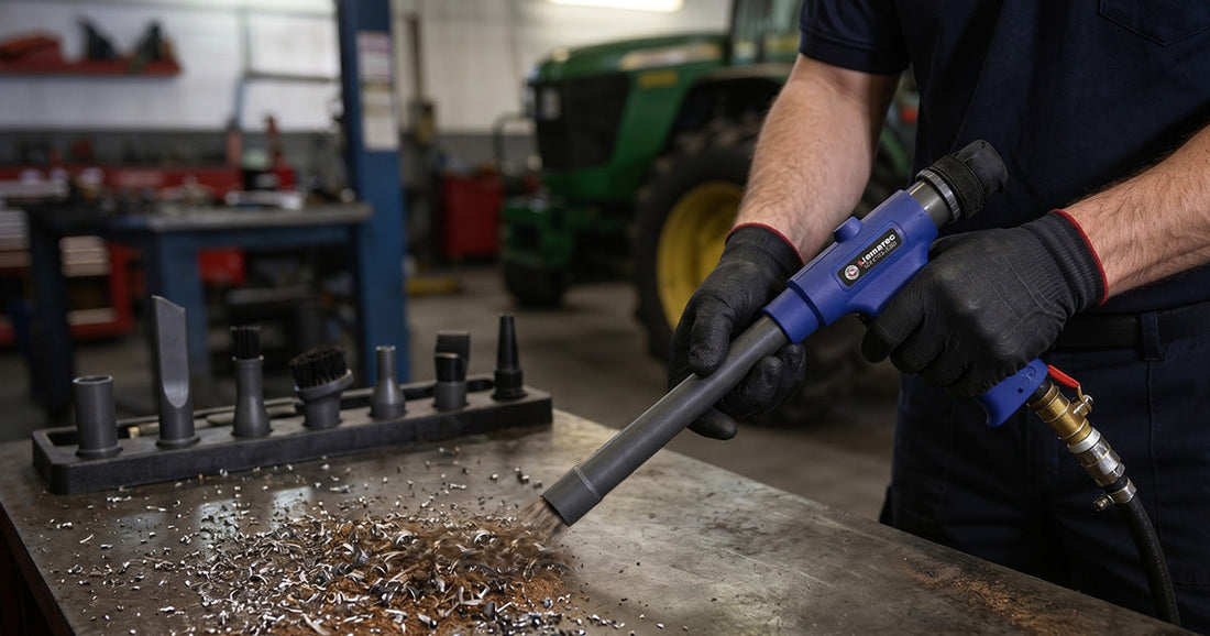 Le Lematec air-powered vacuum attachment cleaning metal shavings from a workbench in a professional shop