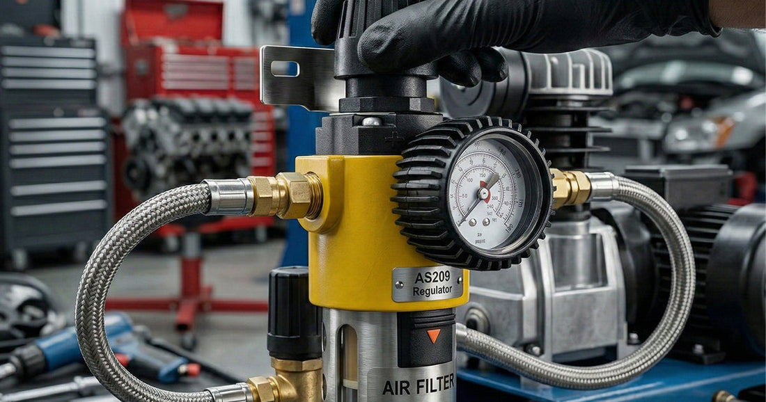 Close-up of an air filter and water separator installed on a compressed air line system.