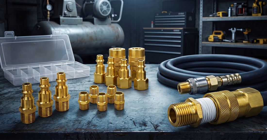 Assortment of brass NPT air hose fittings, quick couplers, and hoses organized on a workshop workbench.