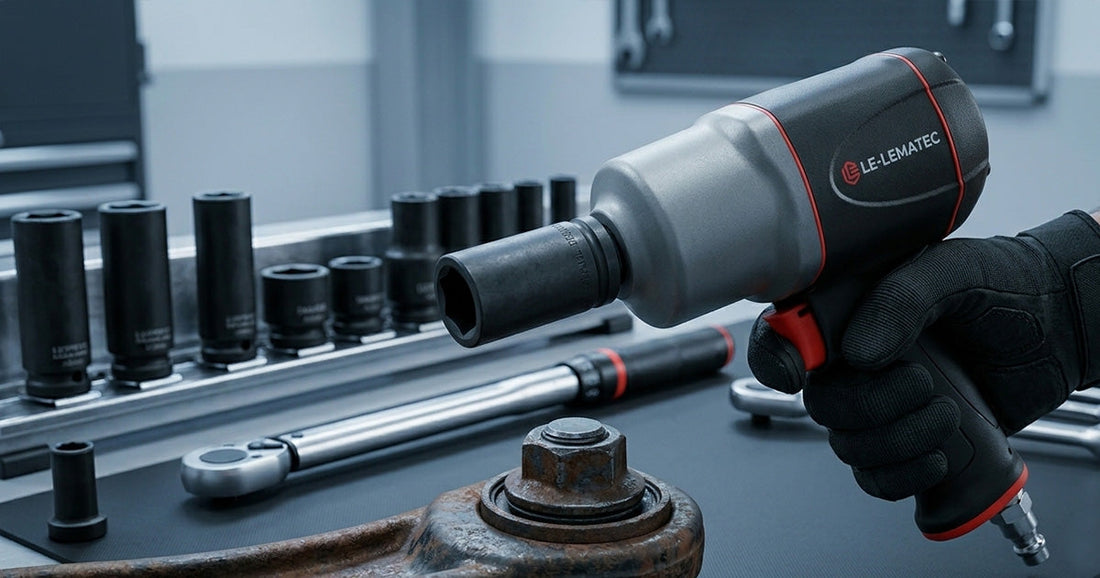 Professional pneumatic impact wrench with a socket set ready for automotive repair on a mechanic's workbench.