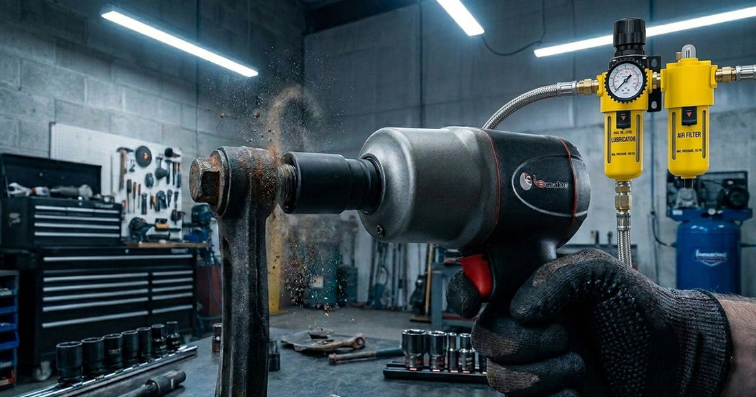 Pneumatic impact wrench removing a rusted bolt from automotive suspension with an air filter and lubricator setup.