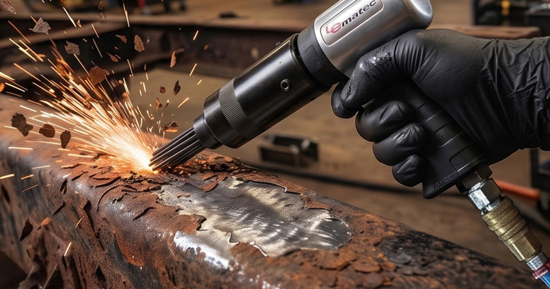 Le Lematec pneumatic needle scaler removing heavy rust and debris from a metal frame with sparks flying.