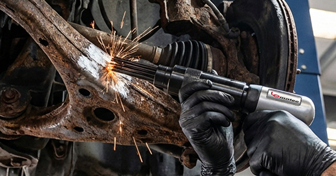 A technician using a Le Lematec air needle scaler to remove rust and scale from a heavy metal part.