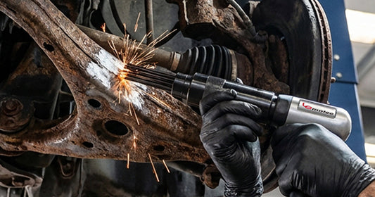 A technician using a Le Lematec air needle scaler to remove rust and scale from a heavy metal part.