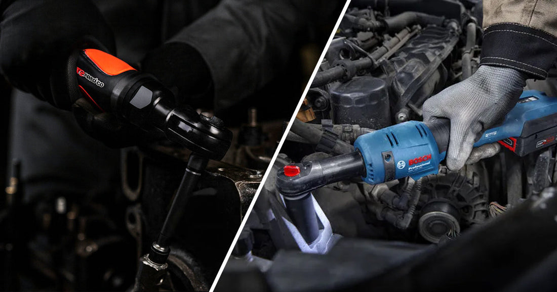 Side-by-side comparison of a pneumatic air ratchet and an electric ratchet on a shop bench.