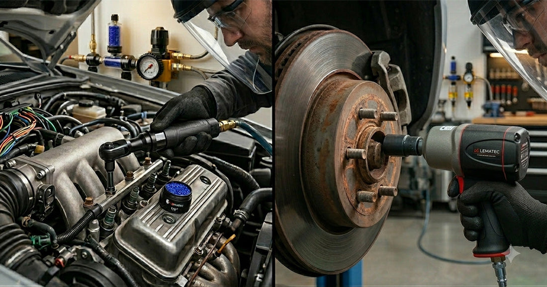 Side-by-side comparison showing an air ratchet on an engine manifold and an impact wrench on a wheel lug nut.