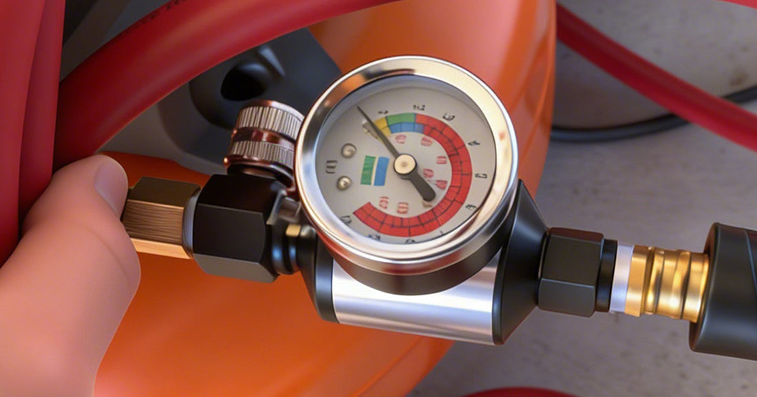 Close-up of a hand adjusting a professional air filter regulator gauge attached to a compressed air system.