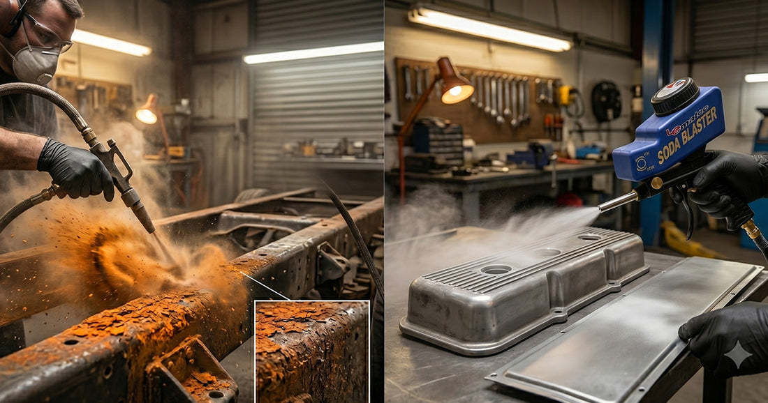 Side-by-side comparison of rust removal with a Le-Matec sandblaster and a Le-Matec soda blaster on auto parts.
